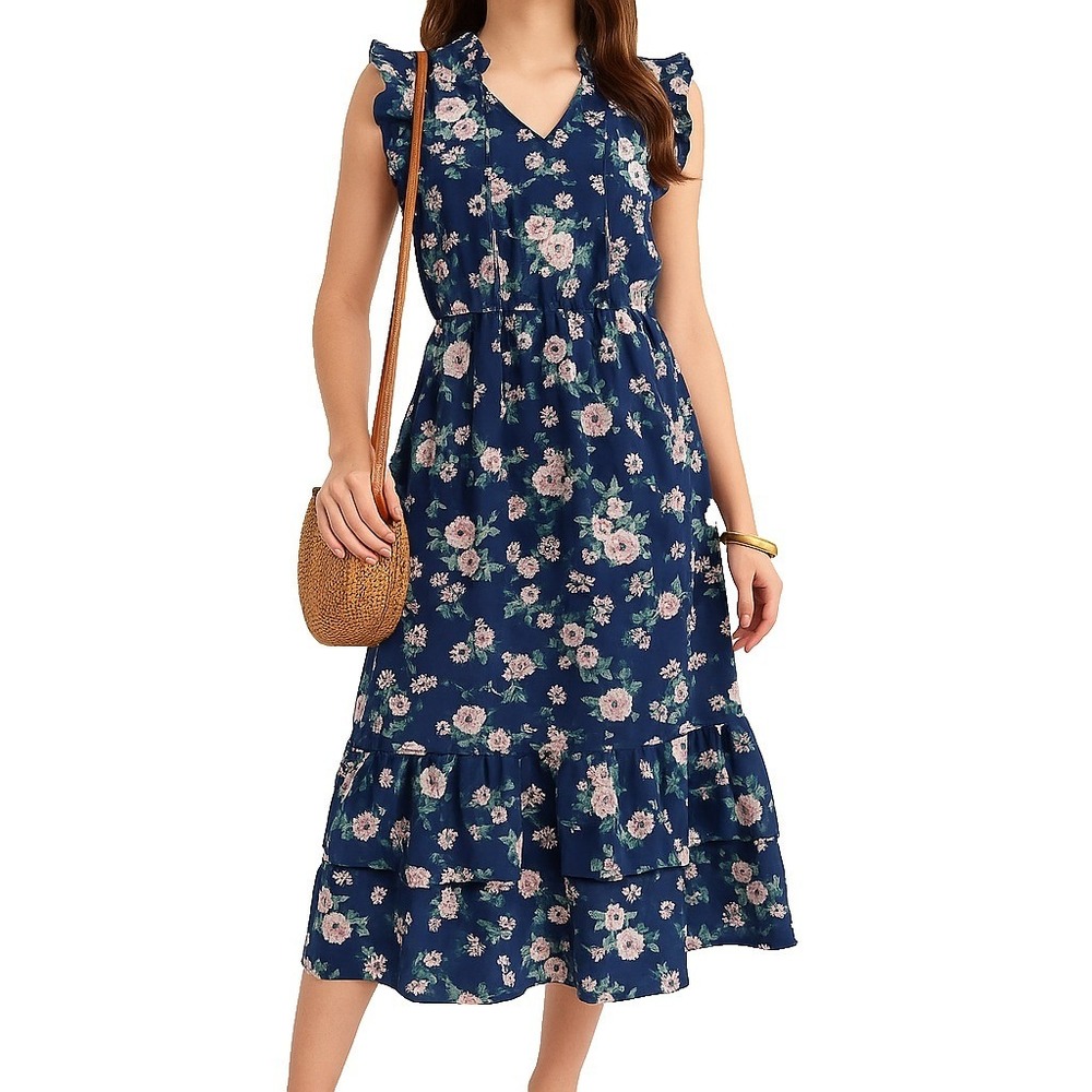 Ophelia Roe Navy Floral Ruffle Midi Dress Cottagecore Tiered Hem S Fairy NWT